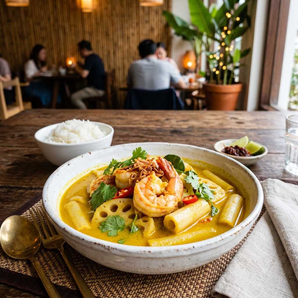 Yellow Curry with Fresh Prawns and Lotus Stems
